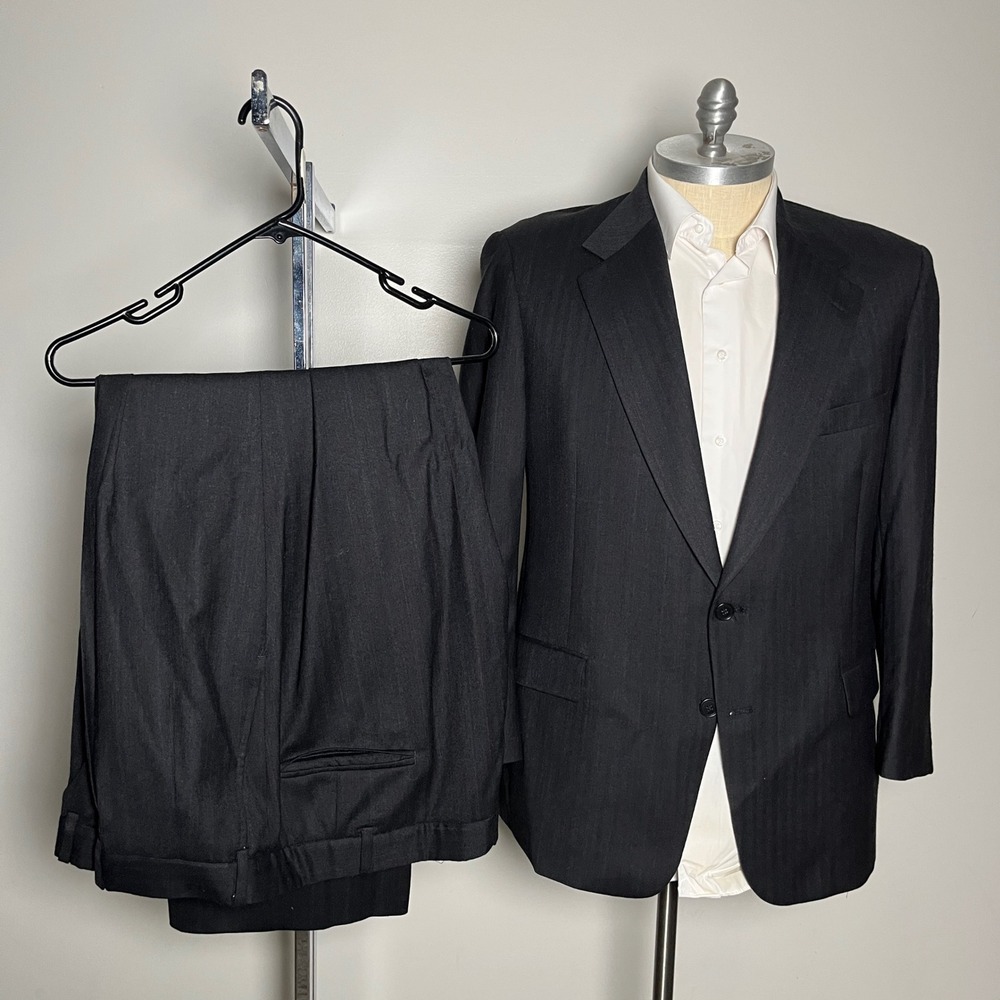Chaps Ralph Lauren Suit Mens 44R 40W Charcoal Gray Herringbone Wool Vintage